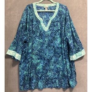 Catherines Tunic Top Tropical Print 3/4 Sleeve Plus Size 3X Blue Resort Vacation
